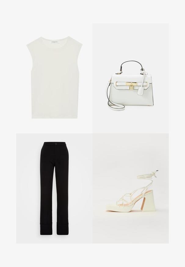 Biała bezrękawnik z okrągłym dekoltem. Wykonana z gładkiego materiału, ma luźny krój i minimalistyczny design. Bez wzorów ani akcentów.; Czarne spodnie wykonane z gładkiego materiału o dopasowanym kroju, z zapięciem na guzik w talii i złożonymi mankietami u dołu.; Biała sandał na wysokim obcasie z masywnym słupkiem, z paskowym wzorem i wiązaniem przy kostce. Gładka faktura z platformą z przodu dla dodatkowej wysokości.; Biała torebka o teksturze krokodyla, złote okucia, uchwyt u góry i odpinany pasek na ramię; wyposażona w zamek oraz minimalistyczny design.