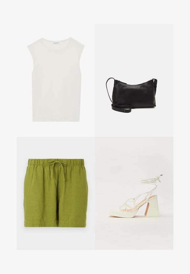 Weißes ärmelloses Top mit rundem Ausschnitt. Hergestellt aus glattem Stoff, hat es einen lässigen Schnitt und minimalistisches Design. Keine Muster oder Akzente.; Grüne Leinenshorts mit elastischem Bund und verstellbarem Kordelzug, die eine lockere Passform und einen geraden Saum bieten.; Weiße High-Heel-Sandale mit einem klobigen Absatz, die über ein Riemchendesign und ein Knöchelband verfügt. Glatte Textur mit einer Plattform vorne für zusätzliche Höhe.; Schwarze Ledertasche für die Schulter mit glatter Textur, geschwungener Form, verstellbarem Tragegurt und Reißverschluss. Minimalistisches Design ohne Verzierungen.