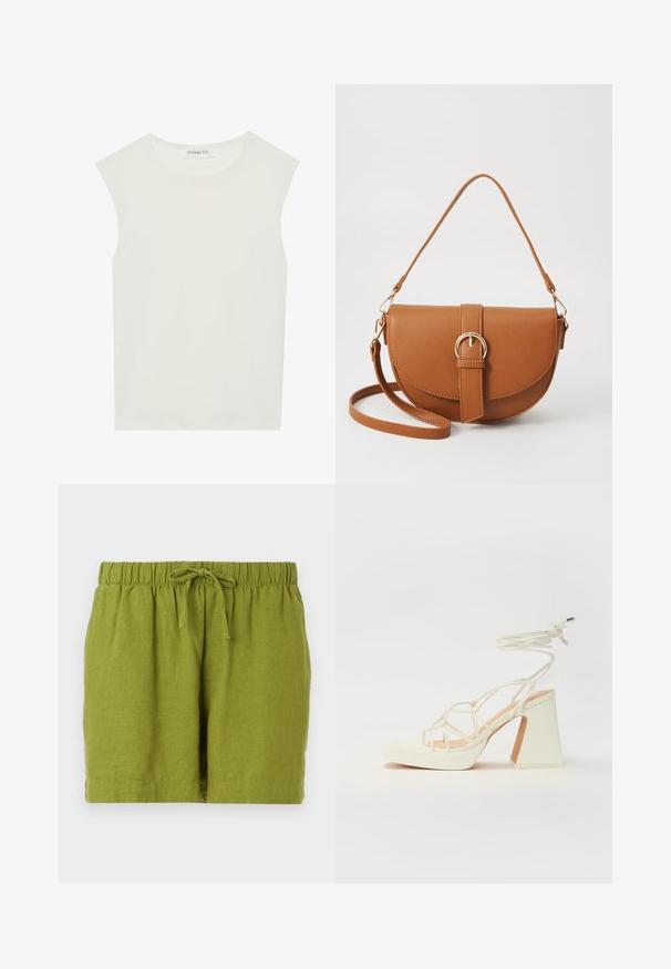 Weißes ärmelloses Top mit rundem Ausschnitt. Hergestellt aus glattem Stoff, hat es einen lässigen Schnitt und minimalistisches Design. Keine Muster oder Akzente.; Grüne Leinenshorts mit elastischem Bund und verstellbarem Kordelzug, die eine lockere Passform und einen geraden Saum bieten.; Weiße High-Heel-Sandale mit einem klobigen Absatz, die über ein Riemchendesign und ein Knöchelband verfügt. Glatte Textur mit einer Plattform vorne für zusätzliche Höhe.; Braune Leder-Crossbody-Tasche mit geschwungener Form, goldfarbenen Beschlägen und einer Schnallenakzentuierung. Verfügt über einen abnehmbaren Schultergurt.
