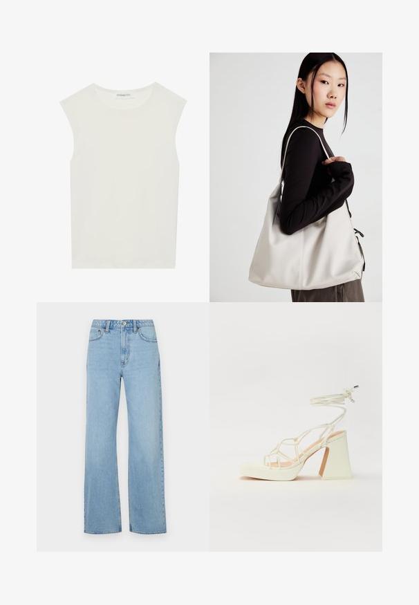 Top alb fără mâneci, cu decolteu rotund. Fabricat dintr-un material neted, prezintă o croială lejeră și un design minimalist. Fără modele sau accente.; Abercrombie & Fitch Curve Love High Rise 90s Relaxed Jean - Wide leg - med/light; Sandale albe cu toc înalt și gros, cu un design cu curele și legătură la gleznă. Textură netedă, cu o platformă frontală pentru înălțime suplimentară.; Geantă bej din material moale, cu un design lejer, detalii cusute și două bretele pentru umăr. Potrivită pentru utilizarea zilnică.