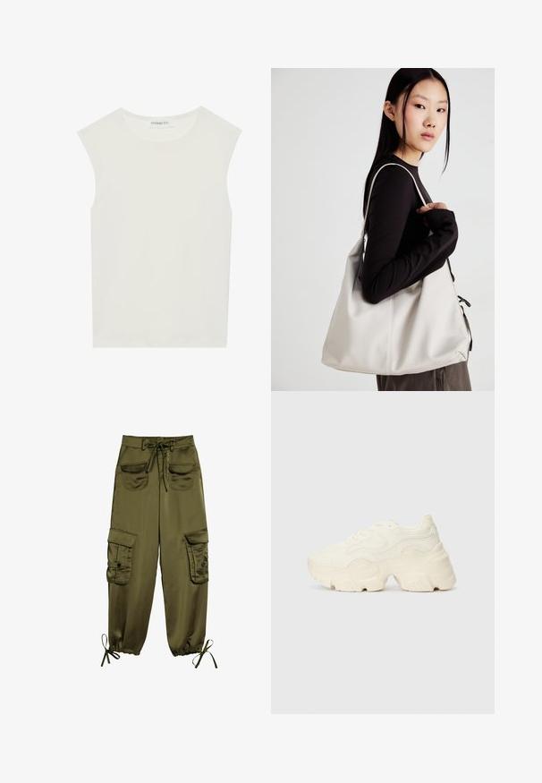 Biała bezrękawnik z okrągłym dekoltem. Wykonana z gładkiego materiału, ma luźny krój i minimalistyczny design. Bez wzorów ani akcentów.; Oliwkowe spodnie cargo wykonane z gładkiego materiału, z dwoma przednimi kieszeniami, regulowanym paskiem w talii oraz elastycznymi mankietami ze sznurkami przy kostkach.; Podeszwa chunky białych sneakersów wykonana z teksturowanej siateczki i materiałów syntetycznych, z grubą podeszwą i skomplikowanymi detalami wzoru po bokach.; Beżowa torebka wykonana z miękkiego materiału, charakteryzująca się luźnym fasonem, wyszywanymi detalami i dwoma uchwytami na ramię. Idealna na co dzień.