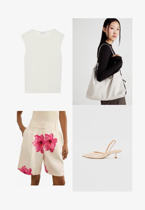 Haut sans manches blanc avec un col rond. Fabriqué en tissu lisse, il présente une coupe décontractée et un design minimaliste. Pas de motifs ni d'accents.; Next PETITE - FLORAL TAILORED - Short - ecru pink; Escarpins slingback en cuir verni beige avec un bout pointu et un talon carré fin. Texture lisse et design minimaliste sans ornement.; Sac à main beige en matériau souple, avec un design décontracté, des détails cousus et deux poignées. Idéal pour un usage quotidien.