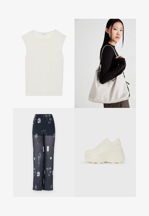 Top alb fără mâneci, cu decolteu rotund. Fabricat dintr-un material neted, prezintă o croială lejeră și un design minimalist. Fără modele sau accente.; Pantaloni bleumarin cu talie elastică, cu modele florale și ciuperci în alb. Construiți dintr-un material ușor, transparent, cu un design fluid.; Adidași platformă albi, cu un superior neted asemănător cu pielea, formă rotunjită, guler căptușit și talpă din cauciuc texturată cu borduri bine definite.; Geantă bej din material moale, cu un design lejer, detalii cusute și două bretele pentru umăr. Potrivită pentru utilizarea zilnică.