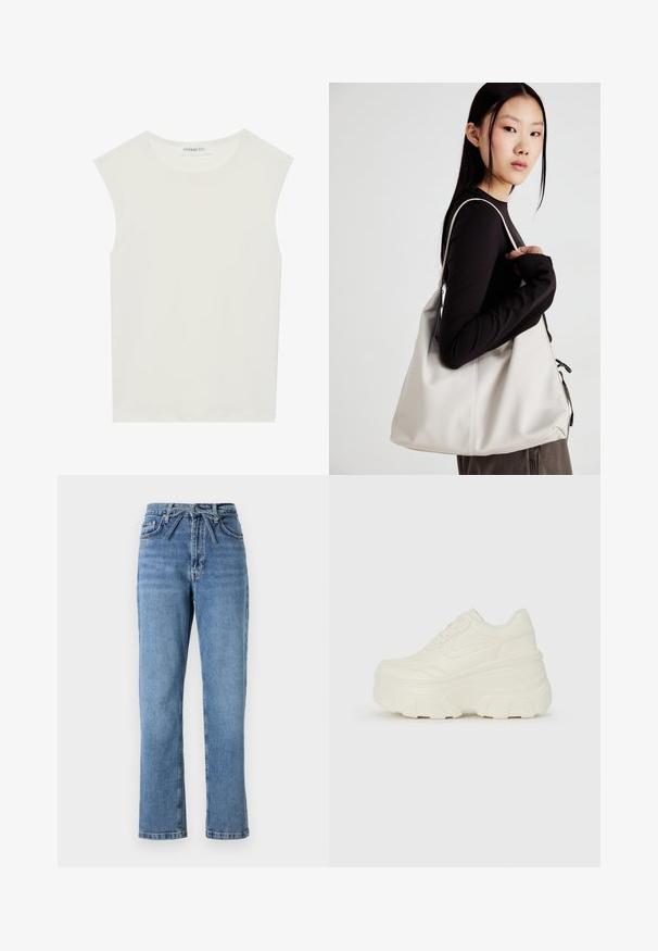 Top blanco sin mangas con escote redondo. Hecho de una tela suave, presenta un corte relajado y un diseño minimalista. Sin patrones ni acentos.; Jeans de mezclilla azul claro con corte recto, de talle alto, con un lazo frontal y diseño clásico de cinco bolsillos. Superficie texturizada con un ligero desvanecimiento.; Zapatillas de plataforma blancas con un upper suave similar al cuero, forma redondeada, cuello acolchado y suela de goma texturizada con surcos definidos.; Bolso de mano beige hecho de material suave, con un diseño holgado, detalles cosidos y dos asas. Adecuado para uso diario.