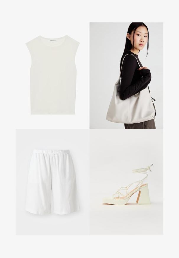 Balta be rankovių palaidinė su apvaliu kaklu. Pagaminta iš lygios medžiagos, ji turi laisvą siluetą ir minimalistinį dizainą. Be raštų ar akcentų.; Balti lininiai šortai su elastinga juosmens juosta, pasižymintys laisvu siluetu ir lygiu paviršiumi. Kišenių ar puošybos elementų nematyti.; Balti aukštakulniai sandalai su masyviu kulnu, su dirželių dizainu ir kulkšnies raiščiu. Lygi tekstūra su platforma priekyje, suteikianti papildomą aukštį.; Bežinė rankinė, pagaminta iš minkštos medžiagos, turinti laisvą dizainą, siuvinėtas detalės ir dvi petnešos. Tinkama kasdieniam naudojimui.