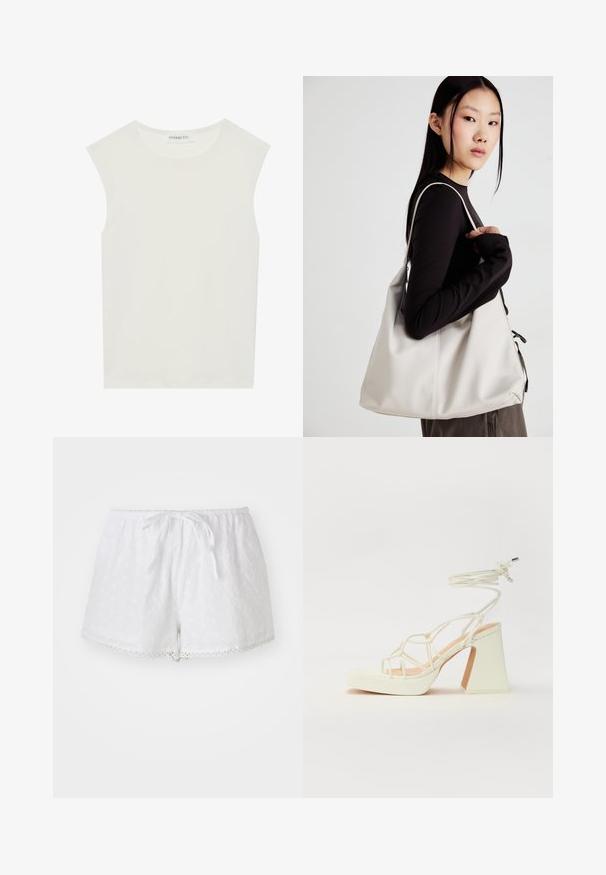 Hvit ermeløs topp med rund hals. Laget av glatt stoff, har den en avslappet passform og minimalistisk design. Ingen mønstre eller detaljer.; Hvite bomullsshorts med elastisk midjebånd og snøring. Har broderte hull og blondekant nederst.; Hvit høyhælte sandal med kraftig hæl, med en stroppe-design og ankelbånd. Glatt tekstur med plattform foran for ekstra høyde.; Beige håndveske laget av mykt materiale, med en slapp design, sydd detaljer og to skulderstropper. Passer for daglig bruk.