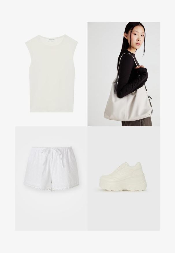 White sleeveless top with a round neckline. Made of smooth fabric, it features a relaxed fit and minimalist design. No patterns or accents.; White cotton shorts with an elastic waistband and drawstring. Features eyelet embroidery and lace trim at the hem.; White platform sneakers featuring a smooth leather-like upper, rounded shape, padded collar, and textured rubber sole with defined treads.; Beige handbag made of soft material, featuring a slouchy design, stitched detailing, and two shoulder straps. Suitable for everyday use.