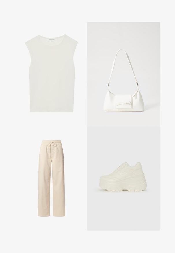 Top branco sem mangas com decote redondo. Feito de um tecido liso, apresenta um corte descontraído e um design minimalista. Sem padrões ou detalhes.; Calças de algodão bege com uma cintura elástica e cordão. Design de perna larga com uma textura suave e sem padrões ou detalhes visíveis.; Tênis brancos de plataforma com um cabedal suave semelhante a couro, formato arredondado, colarinho acolchoado e sola de borracha texturizada com ranhuras bem definidas.; Mala sintética branca com formato triangular, aba frontal plana e detalhe de laço, alça ajustável, textura suave e design minimalista.