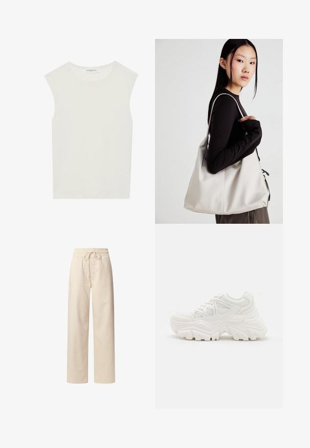 Bijela majica bez rukava s okruglim izrezom. Izrađena je od glatkog materijala, nudi opušteni kroj i minimalistički dizajn. Bez uzoraka ili ukrasa.; Bež pamuk hlače s elastičnom trakom za pojas i vezicom. Model širokih nogavica s glatkom teksturom i bez vidljivih uzoraka ili naglasaka.; Bijele debele tenisice s teksturiranim gornjim dijelom, mrežastim panelima i debelim gumenim potplatima s istaknutim uzorkom. Uključene vezice i petna traka.; Bežna torba od mekog materijala s opuštenim dizajnom, šivanim detaljima i dva remena za rame. Pogodna za svakodnevnu upotrebu.