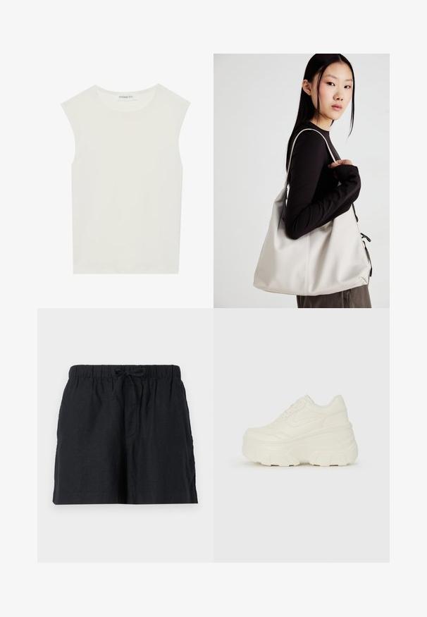 Hvit ermeløs topp med rund hals. Laget av glatt stoff, har den en avslappet passform og minimalistisk design. Ingen mønstre eller detaljer.; Sorte linshorts med elastisk linning og snøring. Har sidelommer og et avslappet design.; Hvite plattformsnickers med en glatt læraktig overdel, avrundet form, polstret krage og teksturert gummisåle med tydelige dekk.; Beige håndveske laget av mykt materiale, med en slapp design, sydd detaljer og to skulderstropper. Passer for daglig bruk.