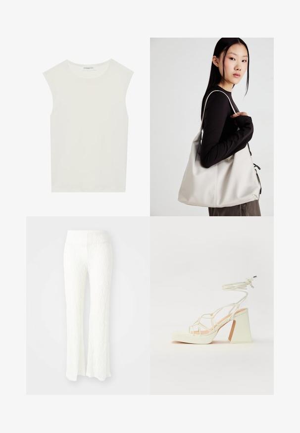White sleeveless top with a round neckline. Made of smooth fabric, it features a relaxed fit and minimalist design. No patterns or accents.; White lace flared pants with a textured pattern, featuring an elastic waistband and a slightly sheer finish. Tailored for a slim fit.; White high-heeled sandal with a chunky heel, featuring a strappy design and ankle tie. Smooth texture with a platform front for added height.; Beige handbag made of soft material, featuring a slouchy design, stitched detailing, and two shoulder straps. Suitable for everyday use.