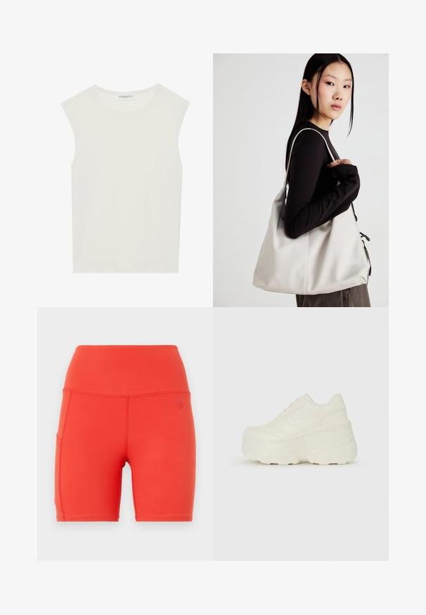 Top bianco senza maniche con scollatura rotonda. Realizzato in tessuto liscio, presenta una vestibilità rilassata e un design minimalista. Nessun motivo o accentuazione.; Pantaloni sportivi rossi con vita alta, realizzati in materiale liscio e elastico. Presentano una tasca laterale e un piccolo logo in rilievo.; Sneakers bianchi con piattaforma, caratterizzati da una parte superiore simile alla pelle liscia, forma arrotondata, collo imbottito e suola in gomma testurizzata con scanalature ben definite.; Borsa a mano beige realizzata in materiale morbido, caratterizzata da un design morbido, dettagli cuciti e due manici. Adatta per l'uso quotidiano.