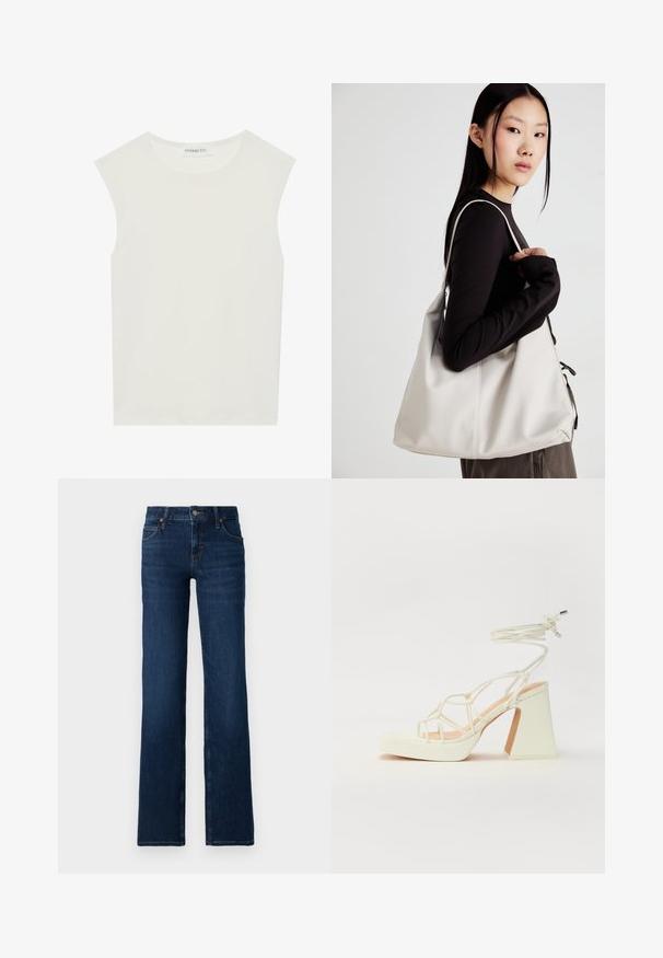 Biała bezrękawnik z okrągłym dekoltem. Wykonana z gładkiego materiału, ma luźny krój i minimalistyczny design. Bez wzorów ani akcentów.; Ciemnoniebieskie dżinsy o szerokich nogawkach wykonane z denimu. Wyposażone w przeszywaną talię, pięć kieszeni oraz zamek błyskawiczny z metalowym zapięciem.; Biała sandał na wysokim obcasie z masywnym słupkiem, z paskowym wzorem i wiązaniem przy kostce. Gładka faktura z platformą z przodu dla dodatkowej wysokości.; Beżowa torebka wykonana z miękkiego materiału, charakteryzująca się luźnym fasonem, wyszywanymi detalami i dwoma uchwytami na ramię. Idealna na co dzień.