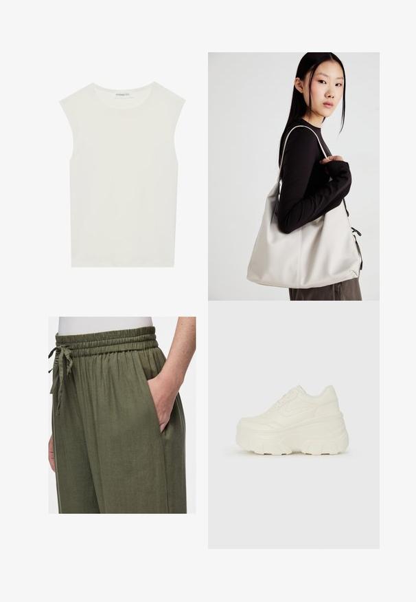 Haut sans manches blanc avec un col rond. Fabriqué en tissu lisse, il présente une coupe décontractée et un design minimaliste. Pas de motifs ni d'accents.; Pantalons en lin léger couleur vert olive avec une taille élastique et un cordon de serrage. Comprend une poche latérale et une coupe décontractée.; Baskets plateformes blanches avec une tige en simili cuir lisse, une forme arrondie, un col rembourré et une semelle en caoutchouc texturé avec des crampons définis.; Sac à main beige en matériau souple, avec un design décontracté, des détails cousus et deux poignées. Idéal pour un usage quotidien.