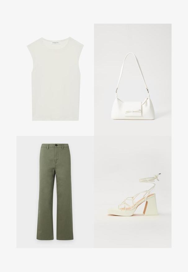 Top alb fără mâneci, cu decolteu rotund. Fabricat dintr-un material neted, prezintă o croială lejeră și un design minimalist. Fără modele sau accente.; Pantaloni verzi măslinii cu croi drept, cu bucle pentru curea, închidere cu nasture și fermoar frontal, pe fundal alb simplu.; Sandale albe cu toc înalt și gros, cu un design cu curele și legătură la gleznă. Textură netedă, cu o platformă frontală pentru înălțime suplimentară.; Geantă sintetică albă, cu formă triangulară, capac frontal plat și detaliu cu fundă, curea ajustabilă, textură netedă și design minimalist.