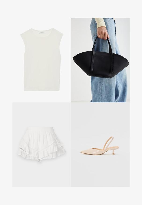 Bijela majica bez rukava s okruglim izrezom. Izrađena je od glatkog materijala, nudi opušteni kroj i minimalistički dizajn. Bez uzoraka ili ukrasa.; Bijela suknja s višeslojnim volanima, napravljena od lagane tkanine. Ima dekorativnu šavnu obrubu duž šavova i uski pojas.; Bež sandale od lakirane kože s uskim vrhom i tankim, kvadratnim potpeticom. Glatka tekstura i minimalistički dizajn bez ukrasnih detalja.; Crna kožna torba jedinstvenog oblika ventilatora, s ravnim ručkama. Površina ima teksturu sličnu šljunku i minimalistički dizajn.