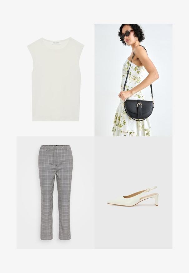 Weißes ärmelloses Top mit rundem Ausschnitt. Hergestellt aus glattem Stoff, hat es einen lässigen Schnitt und minimalistisches Design. Keine Muster oder Akzente.; Grau karierte Hose mit taillierter Passform. Verfügt über ein dezentes Karomuster, Gürtelschlaufen und ein gerades Bein-Design. Glatte Stofftextur.; Weiße Lackleder-Slingback-Schuhe mit spitzem Zehenbereich und niedrigem Blockabsatz. Mit einem dezenten Riemen und einer Schnalle in goldfarbener Optik.; Schwarze Lederhandtasche mit geschwungener Form, abnehmbarem Tragegurt und goldenen Beschlägen. Die Tasche verfügt über einen Deckel mit einer Schnallen-Details.