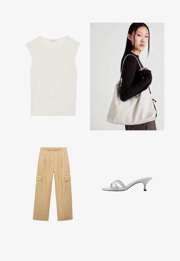 Witte mouwloze top met een ronde halslijn. Gemaakt van gladde stof, het heeft een losse pasvorm en een minimalistisch ontwerp. Geen patronen of accenten.; Beige linnen cargobroek met brede benen, voorzien van twee zijzakken, een taillekoord en een subtiele textuur.; Lichtgrijze hakken met drie kruislings geplaatste banden, een slank profiel en een taps toelopende hak. Gladde textuur met een lichtglanzende afwerking.; Beige handtas gemaakt van zacht materiaal, met een slonzig ontwerp, gestikte details en twee schouderbanden. Geschikt voor dagelijks gebruik.
