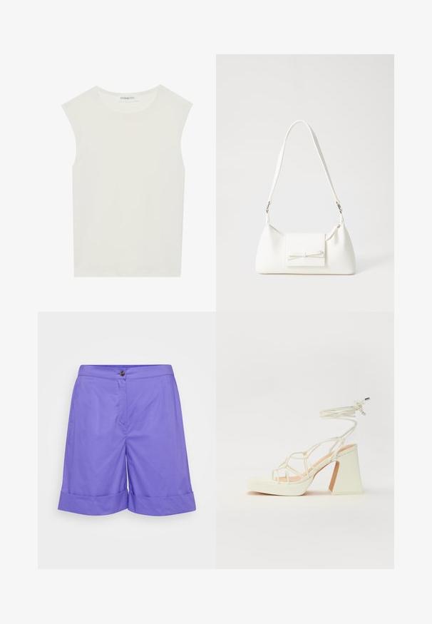 Biely bezrukávový top s okrúhlym výstrihom. Vyrobený z hladkého materiálu, má uvoľnený strih a minimalistický dizajn. Žiadne vzory alebo akcenty.; Fialové bavlnené šortky s plochým predným dielom, jedným gombíkom na zapínanie a preloženým lemom. Hladká textúra bez viditeľných vzorov.; Biele sandále na vysokom opätku s hrubým podpätkom, s pruhovaným dizajnom a viazaním na členku. Hladký povrch s platformou vpredu pre zvýšenú výšku.; Biela syntetická kabelka s trojuholníkovým tvarom, plochým predným klapkou a detailom mašle, nastaviteľným popruhom, hladkou textúrou a minimalistickým dizajnom.