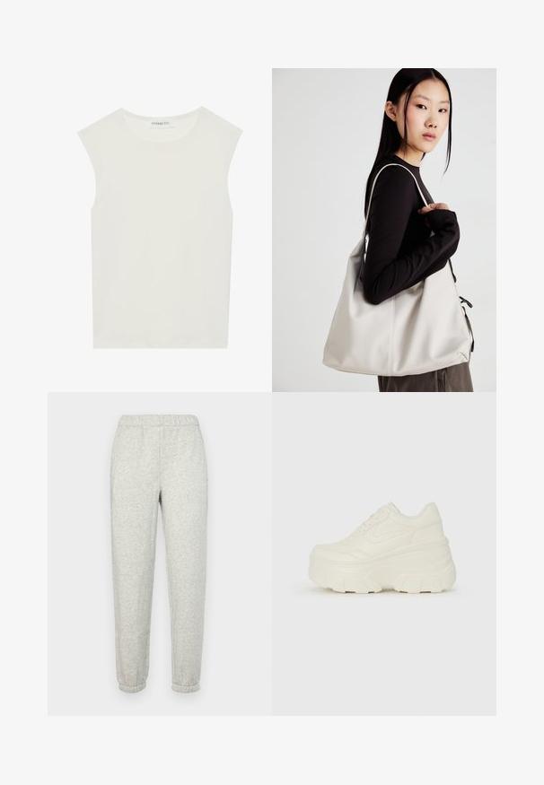 White sleeveless top with a round neckline. Made of smooth fabric, it features a relaxed fit and minimalist design. No patterns or accents.; GAP Tracksuit bottoms - heather grey; White platform sneakers featuring a smooth leather-like upper, rounded shape, padded collar, and textured rubber sole with defined treads.; Beige handbag made of soft material, featuring a slouchy design, stitched detailing, and two shoulder straps. Suitable for everyday use.