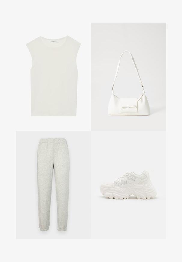 Valge ilma varrukateta topp ümmarguse kaelusega. Valmistatud siledast kangast, sellel on mugav lõige ja minimalistlik disain. Ei ole mustreid ega aksessuaare.; GAP Dresside alumine osa - heather grey; Valged jämedad sneakers, millel on tekstureeritud ülemine osa, võrgusilma paneelid ja paksud kummist tallad, millel on silmapaistev mustrimuster. Paelad ja tõmbeosa on kaasa arvatud.; Valge sünteetilisest materjalist kott kolmnurkse kujuga, lame esiklapiga ja kaaredetailiga, reguleeritava rihmaga, sileda tekstuuriga ja minimalistliku disainiga.