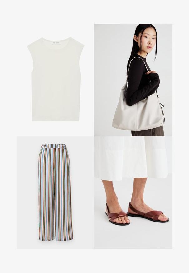 Haut sans manches blanc avec un col rond. Fabriqué en tissu lisse, il présente une coupe décontractée et un design minimaliste. Pas de motifs ni d'accents.; Pantalons larges à rayures avec une taille élastique. Comprend des rayures verticales colorées en bleu, rouge, vert et blanc sur un tissu léger.; Sandales en cuir marron avec des brides croisées et un dos ouvert, présentant une semelle plate. Les brides sont lisses avec une finition mate.; Sac à main beige en matériau souple, avec un design décontracté, des détails cousus et deux poignées. Idéal pour un usage quotidien.