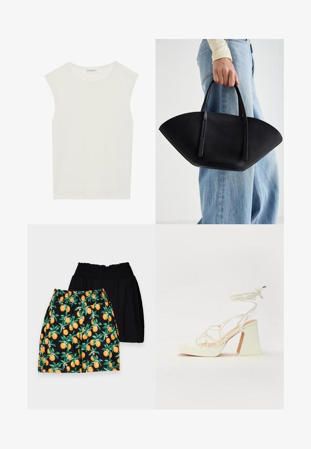 Top alb fără mâneci, cu decolteu rotund. Fabricat dintr-un material neted, prezintă o croială lejeră și un design minimalist. Fără modele sau accente.; Pantaloni scurți negri și cu un model; o pereche neagră cu o textură netedă, iar cealaltă pereche cu un model portocaliu care prezintă frunze verzi și fructe portocalii strălucitoare.; Sandale albe cu toc înalt și gros, cu un design cu curele și legătură la gleznă. Textură netedă, cu o platformă frontală pentru înălțime suplimentară.; Geantă de piele neagră cu o formă unică de evantai, având mânere plate. Suprafața are o textură cu mici granule și un design minimalist.