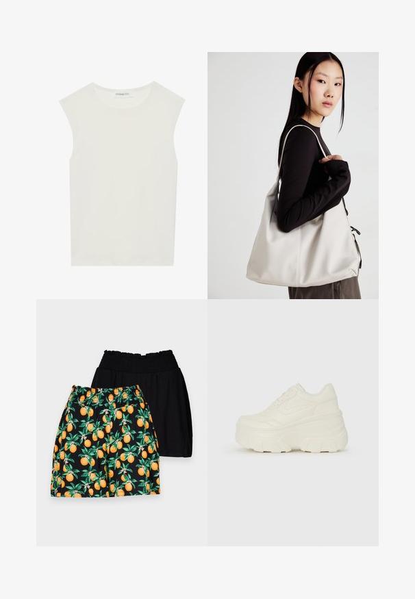 Balta be rankovių palaidinė su apvaliu kaklu. Pagaminta iš lygios medžiagos, ji turi laisvą siluetą ir minimalistinį dizainą. Be raštų ar akcentų.; Juodi ir raštuoti šortai; juodi, lygūs, ir oranžiniai šortai su žaliomis lapų ir ryškiai oranžinės spalvos vaisių raštais.; Baltos platformos sportbačiai su lygiu odos primenančiu paviršiumi, apvalia forma, paminkštintu apykakle ir tekstūruotu guminiu padu su ryškiais protektoriais.; Bežinė rankinė, pagaminta iš minkštos medžiagos, turinti laisvą dizainą, siuvinėtas detalės ir dvi petnešos. Tinkama kasdieniam naudojimui.