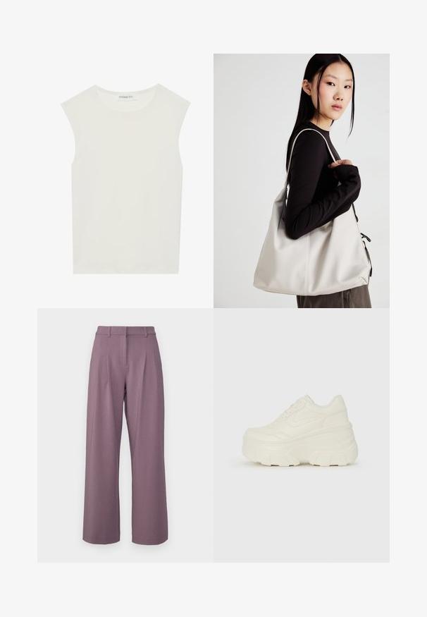 Balta be rankovių palaidinė su apvaliu kaklu. Pagaminta iš lygios medžiagos, ji turi laisvą siluetą ir minimalistinį dizainą. Be raštų ar akcentų.; MSCH Copenhagen MIRABELLE MICHELLE PLEAT PANTS - Kelnės - black plum; Baltos platformos sportbačiai su lygiu odos primenančiu paviršiumi, apvalia forma, paminkštintu apykakle ir tekstūruotu guminiu padu su ryškiais protektoriais.; Bežinė rankinė, pagaminta iš minkštos medžiagos, turinti laisvą dizainą, siuvinėtas detalės ir dvi petnešos. Tinkama kasdieniam naudojimui.