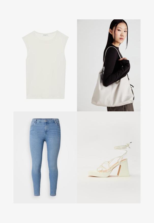 Top alb fără mâneci, cu decolteu rotund. Fabricat dintr-un material neted, prezintă o croială lejeră și un design minimalist. Fără modele sau accente.; Blugi skinny de culoare albastru deschis, din denim, cu un stil clasic cu cinci buzunare, închidere cu fermoar și deschideri înguste la picioare. Textura netedă cu o ușoară decolorare.; Sandale albe cu toc înalt și gros, cu un design cu curele și legătură la gleznă. Textură netedă, cu o platformă frontală pentru înălțime suplimentară.; Geantă bej din material moale, cu un design lejer, detalii cusute și două bretele pentru umăr. Potrivită pentru utilizarea zilnică.