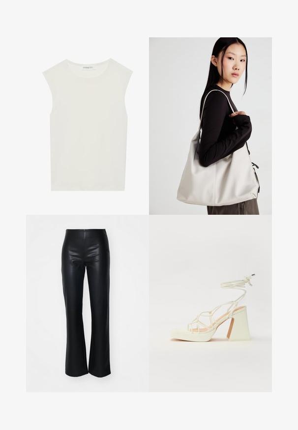 Top alb fără mâneci, cu decolteu rotund. Fabricat dintr-un material neted, prezintă o croială lejeră și un design minimalist. Fără modele sau accente.; Pantaloni evazați din piele faux neagră, cu o textură netedă, având talie ajustată și picioare ușor evazate, proiectați pentru o siluetă elegantă.; Sandale albe cu toc înalt și gros, cu un design cu curele și legătură la gleznă. Textură netedă, cu o platformă frontală pentru înălțime suplimentară.; Geantă bej din material moale, cu un design lejer, detalii cusute și două bretele pentru umăr. Potrivită pentru utilizarea zilnică.