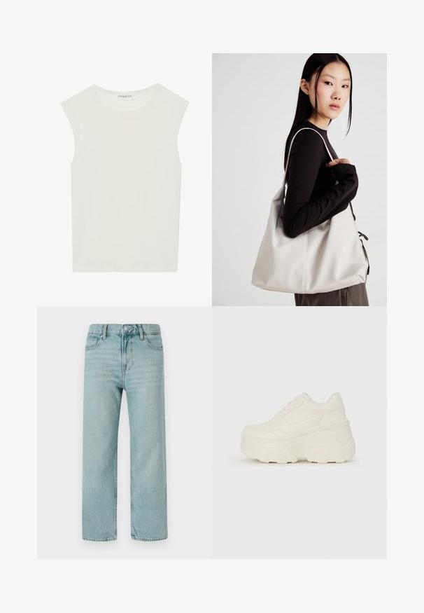 Balta be rankovių palaidinė su apvaliu kaklu. Pagaminta iš lygios medžiagos, ji turi laisvą siluetą ir minimalistinį dizainą. Be raštų ar akcentų.; Šviesiai mėlyni plačiakojai džinsai, pagaminti iš džinsinio audinio, su klasikinio penkių kišenių dizainu, švariomis linijomis ir reguliariu liemeniu su mygtuko uždarymu.; Baltos platformos sportbačiai su lygiu odos primenančiu paviršiumi, apvalia forma, paminkštintu apykakle ir tekstūruotu guminiu padu su ryškiais protektoriais.; Bežinė rankinė, pagaminta iš minkštos medžiagos, turinti laisvą dizainą, siuvinėtas detalės ir dvi petnešos. Tinkama kasdieniam naudojimui.