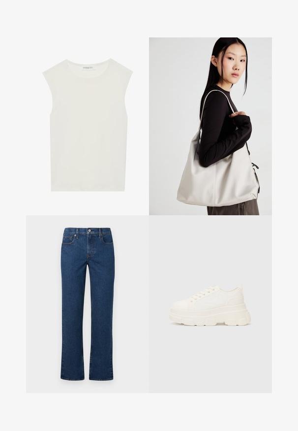 Top bianco senza maniche con scollatura rotonda. Realizzato in tessuto liscio, presenta una vestibilità rilassata e un design minimalista. Nessun motivo o accentuazione.; Jeans dritti blu scuro con chiusura a bottone e cerniera, tasche frontali e per monetine, e passanti per cintura, esposti piatti su uno sfondo bianco.; Sneaker bianca in tela con suola spessa, punta arrotondata e cinque occhielli per i lacci. Linguetta sul retro per una facile calzata. Texture liscia, design minimalista.; Borsa a mano beige realizzata in materiale morbido, caratterizzata da un design morbido, dettagli cuciti e due manici. Adatta per l'uso quotidiano.