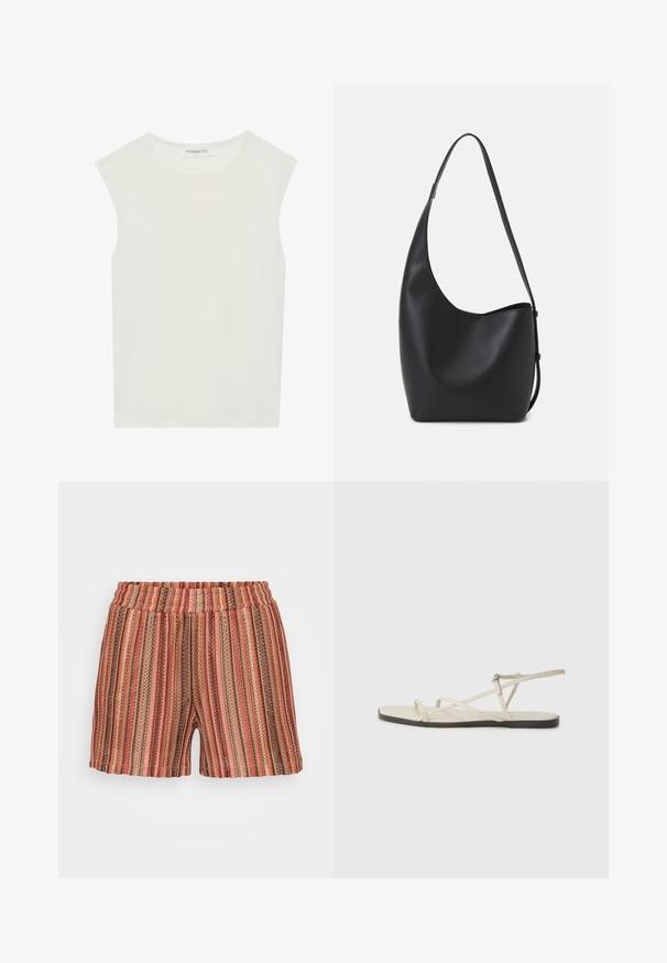 Vit ärmlös topp med rund halsringning. Tillverkad av ett mjukt tyg, har den en avslappnad passform och minimalistisk design. Inga mönster eller detaljer.; Randiga shorts med elastisk midja, prydda med vertikala linjer i rött, brunt och grönt. Tillverkade av lätt, texturerat tyg.; Beige platt sandal med flera smala remmar och ett justerbart spänne. Sulan är platt med en lätt mörk kontrast vid kanten.; Svart läder hobo-väska med en slät textur, kurvig form och en justerbar axelrem; har en bred öppning upptill.