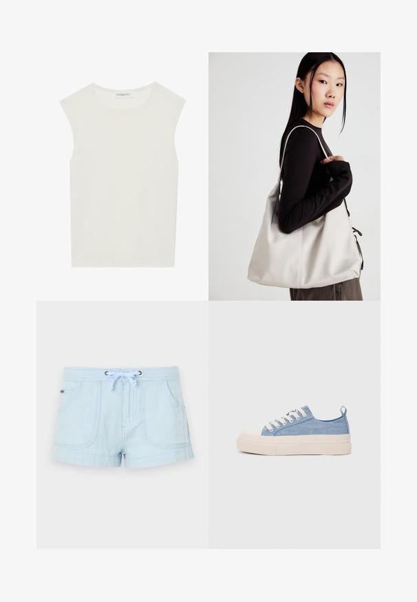 White sleeveless top with a round neckline. Made of smooth fabric, it features a relaxed fit and minimalist design. No patterns or accents.; Light blue linen shorts with drawstring waist, two front pockets, stitched accents, and a relaxed fit. Smooth texture, casual design.; Light blue canvas sneakers with a cream rubber toe cap and outsole, featuring white laces and a pull tab on the heel.; Beige handbag made of soft material, featuring a slouchy design, stitched detailing, and two shoulder straps. Suitable for everyday use.
