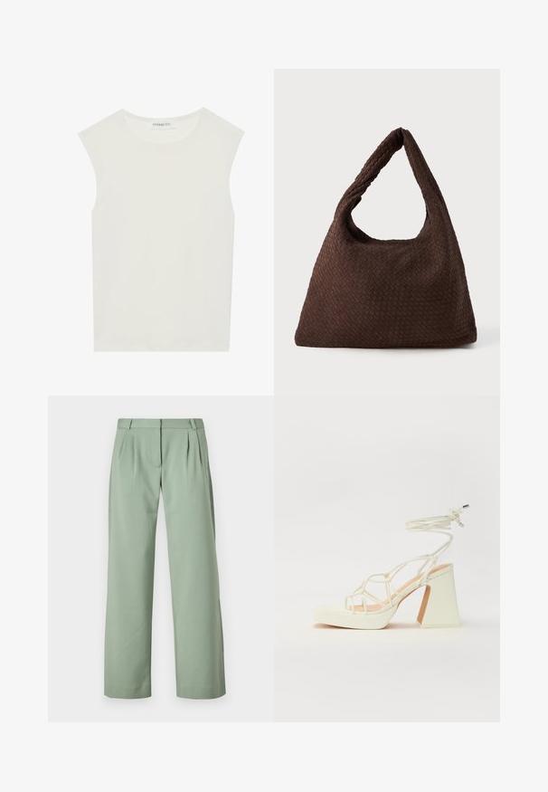 Top blanco sin mangas con escote redondo. Hecho de una tela suave, presenta un corte relajado y un diseño minimalista. Sin patrones ni acentos.; Pantalones verdes ajustados hechos de una tela suave. Presentan un diseño de pierna recta, pliegues en la parte delantera y bolsillos laterales.; Sandalia de tacón alto blanca con un tacón grueso, que presenta un diseño de tiras y un lazo en el tobillo. Textura suave con una plataforma en la parte delantera para mayor altura.; Bolso de mimbre marrón con forma relajada, una sola asa en bucle y una superficie texturizada. El diseño presenta un estilo hobo sin hardware adicional.