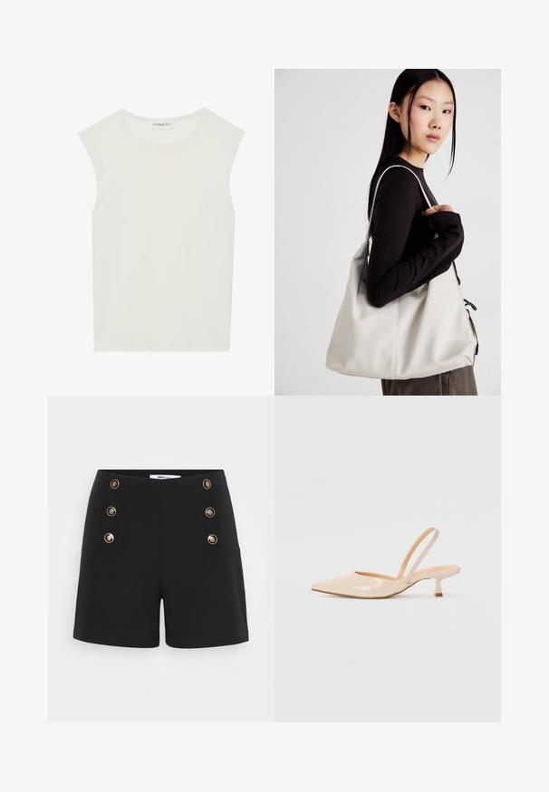 Haut sans manches blanc avec un col rond. Fabriqué en tissu lisse, il présente une coupe décontractée et un design minimaliste. Pas de motifs ni d'accents.; Shorts noirs en tissu texturé, dotés d'une taille haute, d'accents en bouton doré et de deux poches avant.; Escarpins slingback en cuir verni beige avec un bout pointu et un talon carré fin. Texture lisse et design minimaliste sans ornement.; Sac à main beige en matériau souple, avec un design décontracté, des détails cousus et deux poignées. Idéal pour un usage quotidien.; Boucles d'oreilles en argent avec un design lisse et rond, et une finition polie. Elles sont fines et légères, avec un fermoir simple.