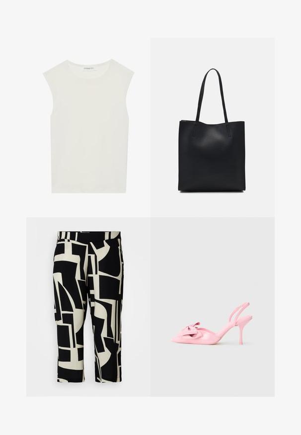 Balta be rankovių palaidinė su apvaliu kaklu. Pagaminta iš lygios medžiagos, ji turi laisvą siluetą ir minimalistinį dizainą. Be raštų ar akcentų.; Juodos ir smėlinės abstrakčios raštuotos trumpinėlės su lygiu paviršiumi ir elastine juosta, puoštos geometriniais raštais.; Rausvos patentinės odos slingback kulniukai su smailiu pirštu, dekoratyvine kaspinu ant priekinės dalies ir plonu stiletto kulnu. Lygus paviršius.; Juodas odinis tote krepšys su lygia tekstūra, stačiakampio formos ir dviem ilgais rankenomis. Matomų metalinių detalių ar puošybos nėra.; Sidabrinės auskarai žiedai su sėslia, apvalia forma, pasižymintys lygia paviršiumi ir be matomų puošmenų. Svoris nenurodytas.