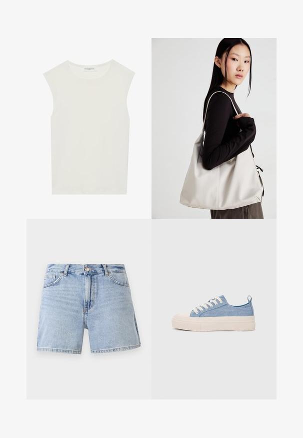 Balta be rankovių palaidinė su apvaliu kaklu. Pagaminta iš lygios medžiagos, ji turi laisvą siluetą ir minimalistinį dizainą. Be raštų ar akcentų.; Šviesiai mėlyni džinsiniai šortai su aukštu liemeniu, standartiniu penkių kišenių dizainu ir nusidėvėjusiu kraštu. Pagaminti iš medvilnės su išblukusiu apdaila.; Šviesiai mėlyni drobės sportbačiai su kreminiu guminiu pirštų apsaugos ir pado elementu, balti raišteliai ir kilpa ant kulno.; Bežinė rankinė, pagaminta iš minkštos medžiagos, turinti laisvą dizainą, siuvinėtas detalės ir dvi petnešos. Tinkama kasdieniam naudojimui.