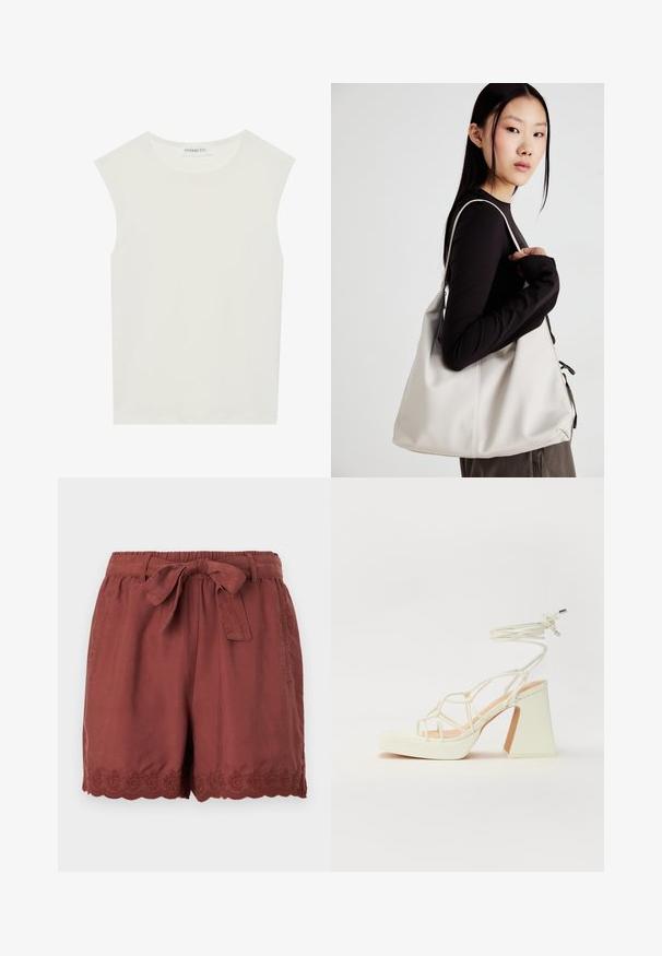 Balta be rankovių palaidinė su apvaliu kaklu. Pagaminta iš lygios medžiagos, ji turi laisvą siluetą ir minimalistinį dizainą. Be raštų ar akcentų.; Rudai spalvos šortai, pagaminti iš lengvos medžiagos, su elastine juosta ir raišteliu, bei sudėtingu bangų raštu siuvinėjimu apatinėje dalyje.; Balti aukštakulniai sandalai su masyviu kulnu, su dirželių dizainu ir kulkšnies raiščiu. Lygi tekstūra su platforma priekyje, suteikianti papildomą aukštį.; Bežinė rankinė, pagaminta iš minkštos medžiagos, turinti laisvą dizainą, siuvinėtas detalės ir dvi petnešos. Tinkama kasdieniam naudojimui.