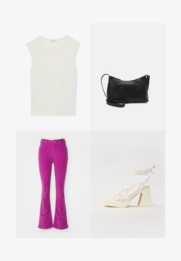 Haut sans manches blanc avec un col rond. Fabriqué en tissu lisse, il présente une coupe décontractée et un design minimaliste. Pas de motifs ni d'accents.; Jean évasé en velours côtelé rose vif, comprenant cinq poches, une fermeture à bouton et une texture côtelée subtile sur toute sa surface.; Sandale blanche à talons hauts avec un talon épais, présentant un design à lanières et un lien autour de la cheville. Texture lisse avec une plateforme à l'avant pour une hauteur supplémentaire.; Sac à épaule en cuir noir avec une texture lisse, une forme courbée, une bandoulière ajustable et une fermeture éclair. Design minimaliste sans embellissements.