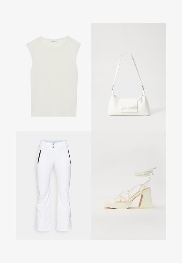Weißes ärmelloses Top mit rundem Ausschnitt. Hergestellt aus glattem Stoff, hat es einen lässigen Schnitt und minimalistisches Design. Keine Muster oder Akzente.; Weiße Skihosen mit angelehntem Bein, zwei seitlichen Reißverschlusstaschen in Schwarz und zwei metallischen Knöpfen an der Taille. Glattes, wasserabweisendes Material.; Weiße High-Heel-Sandale mit einem klobigen Absatz, die über ein Riemchendesign und ein Knöchelband verfügt. Glatte Textur mit einer Plattform vorne für zusätzliche Höhe.; Weiße synthetische Handtasche in dreieckiger Form, flache Vorderklappe und Schleifendetail, verstellbarer Trageriemen, glatte Textur und minimalistisches Design.