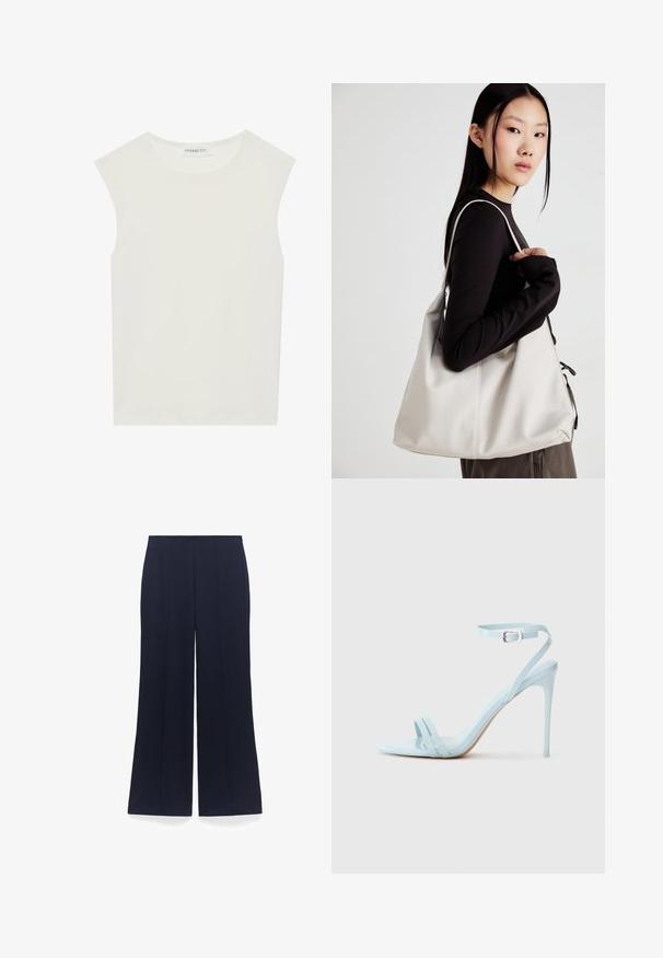 Weißes ärmelloses Top mit rundem Ausschnitt. Hergestellt aus glattem Stoff, hat es einen lässigen Schnitt und minimalistisches Design. Keine Muster oder Akzente.; Marinefarbene weit geschnittene Hose mit vertikalen Nadelstreifen, aus einem strukturierten Stoff gefertigt. Verfügt über einen flachen Bund und keine sichtbaren Verschlüsse.; Helleblaue Stiletto-Sandale mit zwei Vorderriemchen und einem Knöchelriemchen, aus glattem Lackmaterial, mit schlankem Absatz und minimalistischem Design.; Beige Handtasche aus weichem Material, mit einem lässigen Design, gesteppten Details und zwei Schulterriemen. Geeignet für den täglichen Gebrauch.