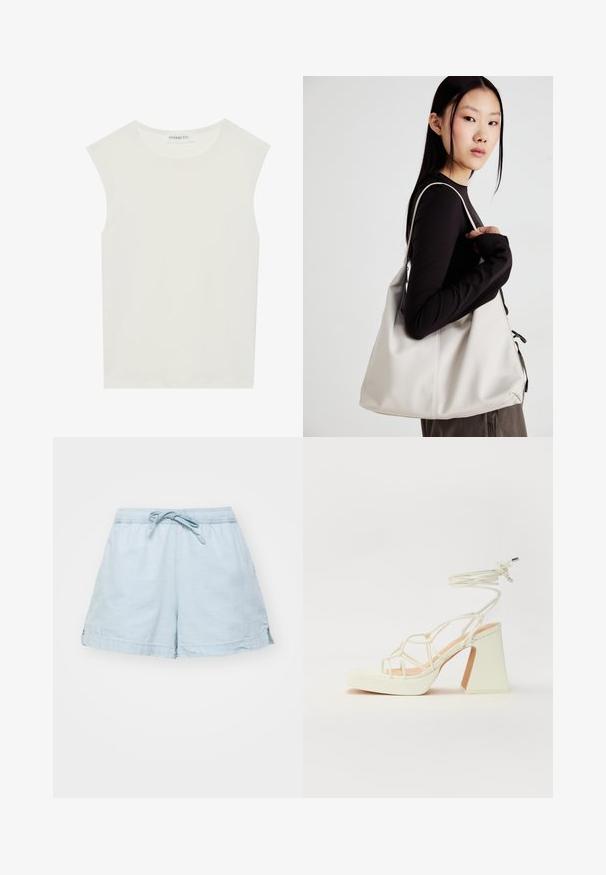 Balta be rankovių palaidinė su apvaliu kaklu. Pagaminta iš lygios medžiagos, ji turi laisvą siluetą ir minimalistinį dizainą. Be raštų ar akcentų.; Šviesiai mėlyni, lengvi šortai su elastinga juostele ir raišteliu. Turi šonines kišenes ir laisvą kirpimą, pagaminti iš minkštos medžiagos.; Balti aukštakulniai sandalai su masyviu kulnu, su dirželių dizainu ir kulkšnies raiščiu. Lygi tekstūra su platforma priekyje, suteikianti papildomą aukštį.; Bežinė rankinė, pagaminta iš minkštos medžiagos, turinti laisvą dizainą, siuvinėtas detalės ir dvi petnešos. Tinkama kasdieniam naudojimui.