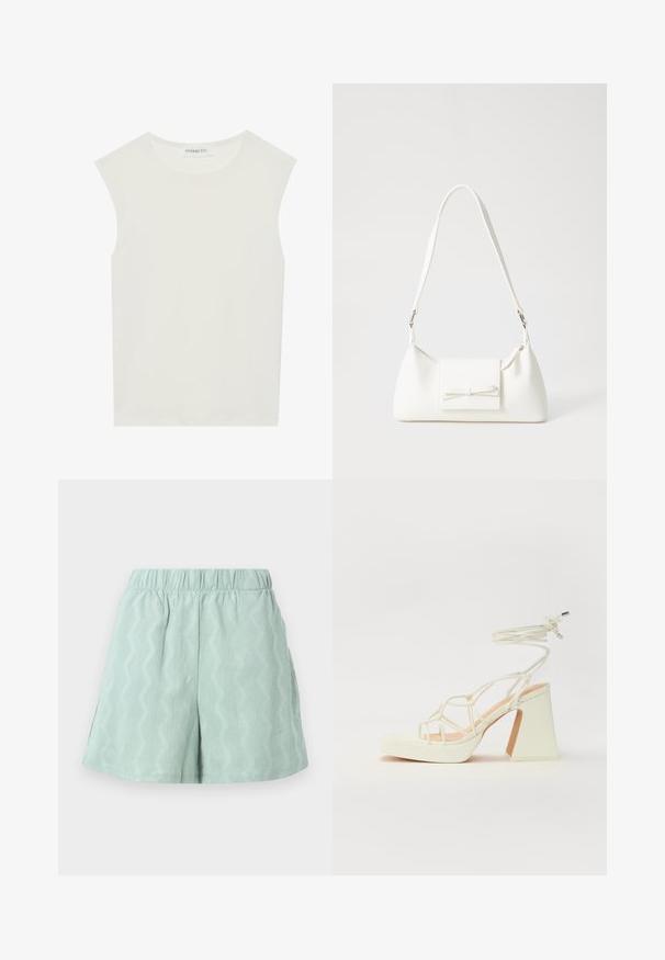 Top alb fără mâneci, cu decolteu rotund. Fabricat dintr-un material neted, prezintă o croială lejeră și un design minimalist. Fără modele sau accente.; Shorts de culoare verde deschis, texturate, cu un brâu elastic și un model în zigzag. Include slituri laterale pentru un plus de confort și circulație a aerului.; Sandale albe cu toc înalt și gros, cu un design cu curele și legătură la gleznă. Textură netedă, cu o platformă frontală pentru înălțime suplimentară.; Geantă sintetică albă, cu formă triangulară, capac frontal plat și detaliu cu fundă, curea ajustabilă, textură netedă și design minimalist.