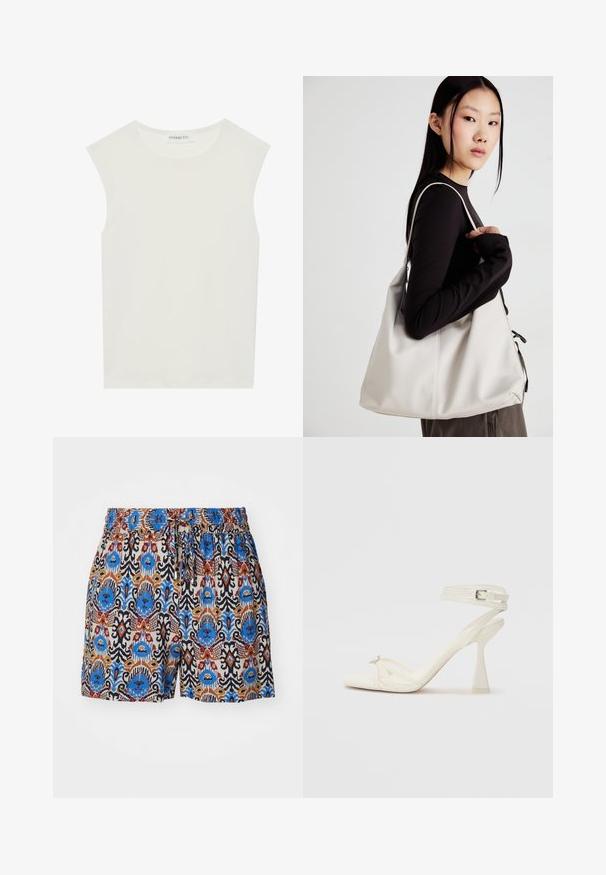 Valge ilma varrukateta topp ümmarguse kaelusega. Valmistatud siledast kangast, sellel on mugav lõige ja minimalistlik disain. Ei ole mustreid ega aksessuaare.; Kujundusega lühikesed püksid elastse vöökoha jaotusega. Omavad elavaid siniseid, punaseid ja pruune mustreid heleda kangatausta peal.; Köitmine kõrge kontsaga sandaal valgest nahast, millel on stiilne disain, läbipaistev plokk-konts ja dekoratiivne element varvaste juures.; Bež käekott pehme materjali, millel on lõtv disain, õmblustega detailid ja kaks õlarihma. Sobib igapäevaseks kasutamiseks.