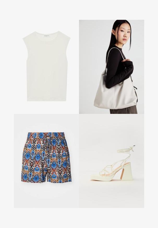 Balts bez piedurknēm tops ar apaļu kakla izgriezumu. Izgatavots no gludas auduma, tam ir brīvs piegriezums un minimālistisks dizains. Nav nekādas rakstainības vai akcentu.; Rakstainas šortos ar elastīgu jostu. Uz viegla auduma fona ir spilgti zilas, sarkanas un brūnas dizaina svītras.; Baltas augstpapēžu sandales ar masīvu papēdi, ar siksnu dizainu un potītes saistītiem elementiem. Gluda tekstūra ar platformu priekšpusē, lai nodrošinātu papildu augstumu.; Bežs rokassoma, izgatavota no mīksta materiāla, ar brīvu dizainu, izšūtu apdari un divām plecu siksnām. Piemērota ikdienas lietošanai.