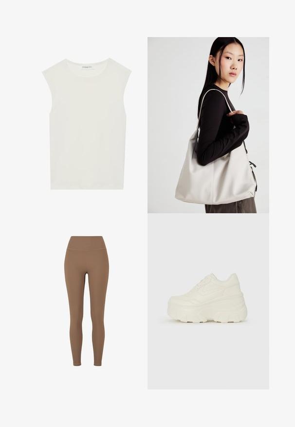 Top alb fără mâneci, cu decolteu rotund. Fabricat dintr-un material neted, prezintă o croială lejeră și un design minimalist. Fără modele sau accente.; Colanți maro, cu nervuri, cu o talie înaltă. Materialul pare elastic și neted, având cusături minime și fără modele vizibile.; Adidași platformă albi, cu un superior neted asemănător cu pielea, formă rotunjită, guler căptușit și talpă din cauciuc texturată cu borduri bine definite.; Geantă bej din material moale, cu un design lejer, detalii cusute și două bretele pentru umăr. Potrivită pentru utilizarea zilnică.