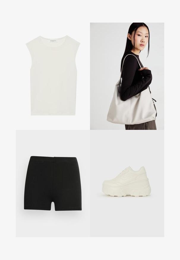 Top blanco sin mangas con escote redondo. Hecho de una tela suave, presenta un corte relajado y un diseño minimalista. Sin patrones ni acentos.; Pantalones cortos de algodón negros con un diseño ajustado y cintura elástica. Textura suave, longitud a mitad del muslo y sin patrones ni acentos visibles.; Zapatillas de plataforma blancas con un upper suave similar al cuero, forma redondeada, cuello acolchado y suela de goma texturizada con surcos definidos.; Bolso de mano beige hecho de material suave, con un diseño holgado, detalles cosidos y dos asas. Adecuado para uso diario.