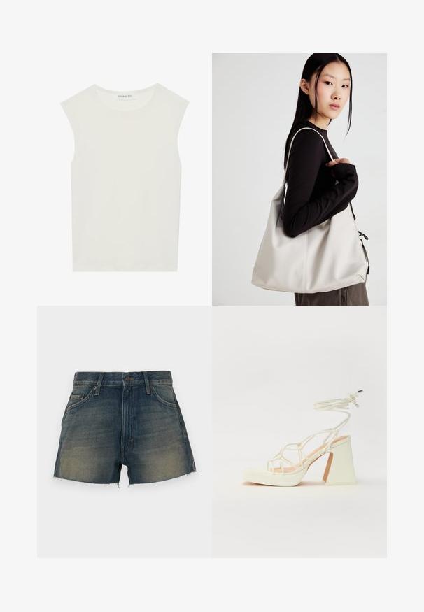 Balta be rankovių palaidinė su apvaliu kaklu. Pagaminta iš lygios medžiagos, ji turi laisvą siluetą ir minimalistinį dizainą. Be raštų ar akcentų.; Tamsiai mėlyni džinsiniai šortai su išblukusiu apdailos efektu. Su mygtuku užsegama, penkiomis kišenėmis ir suplėšytais kraštais. Nerūpestingi kraštai suteikia tekstūros.; Balti aukštakulniai sandalai su masyviu kulnu, su dirželių dizainu ir kulkšnies raiščiu. Lygi tekstūra su platforma priekyje, suteikianti papildomą aukštį.; Bežinė rankinė, pagaminta iš minkštos medžiagos, turinti laisvą dizainą, siuvinėtas detalės ir dvi petnešos. Tinkama kasdieniam naudojimui.
